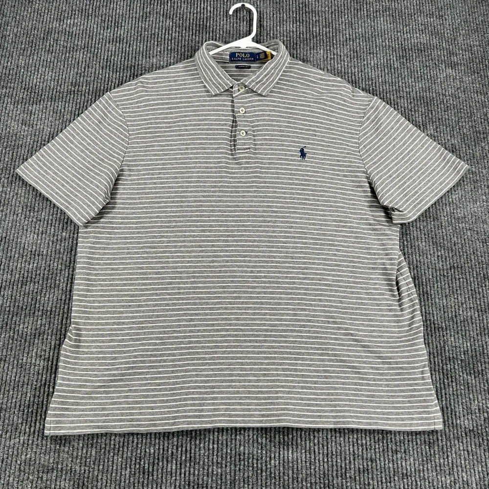 Polo Ralph Lauren Shirt Mens Large Gray Striped Short Sleeve Classic Fit Golf